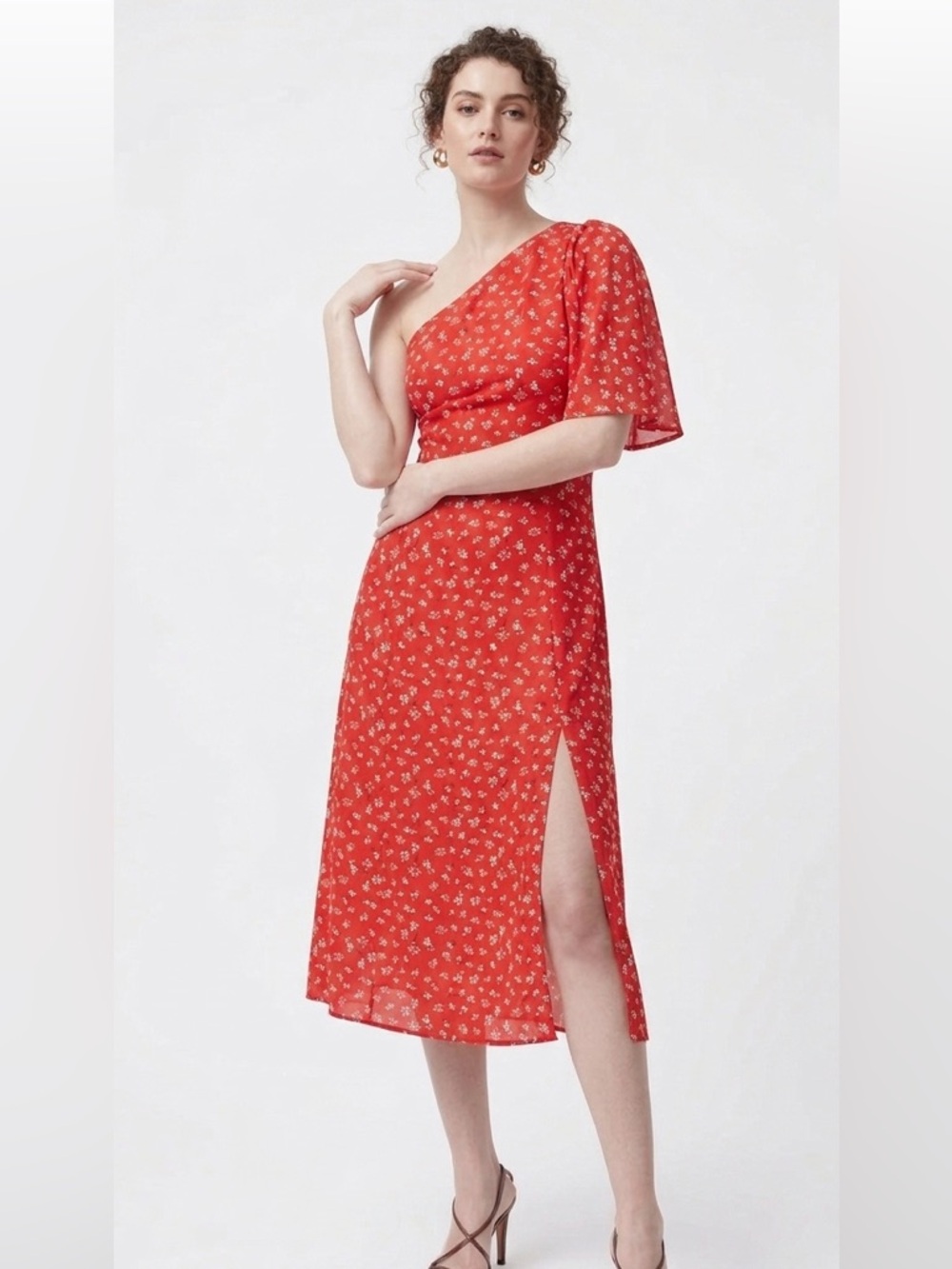 French Connection Women’s Fiery Red Multi One-Shoulder Floral Midi Dress Size 4